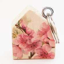Load image into Gallery viewer, House Keyring with Pink Blossom Pattern Reverse Tiny Gifts