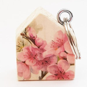 House Keyring with Pink Blossom Pattern Reverse Tiny Gifts