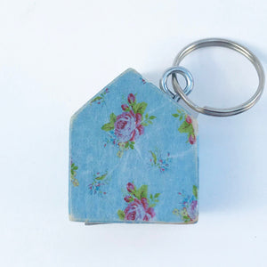 Wooden House Keychain with Floral Pattern Reverse Wooden Gifts