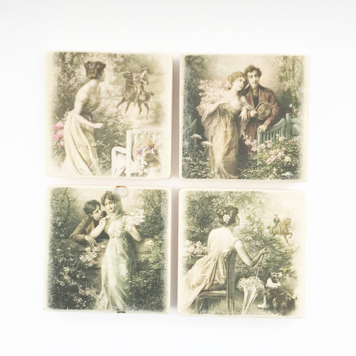 Wood Coasters with Vintage Style Romantic Scene