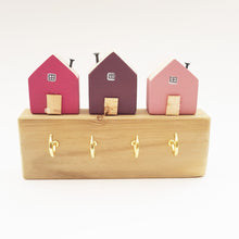 Load image into Gallery viewer, Key Holder for Wall with Little Pink Houses - Choose Brass or Silver Hooks