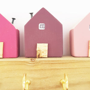 Key Holder for Wall with Little Pink Houses - Choose Brass or Silver Hooks
