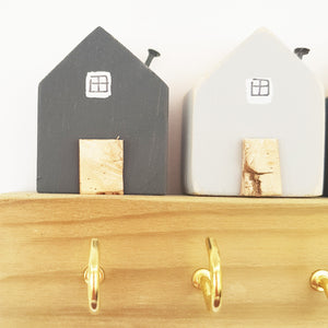 Wooden Key Holder for the Wall with Little Wooden Houses