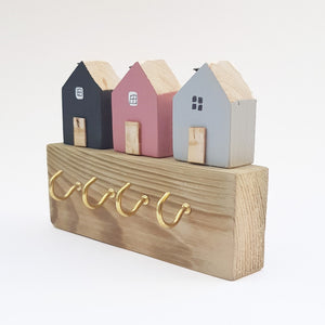 Key Holder for Wall with Grey and Pink Wooden Houses