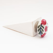 Load image into Gallery viewer, Wooden Door Stopper with Red Floral Ceramic Door Knob