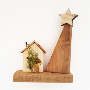 Tiny Wooden House with Tree Christmas Ornaments
