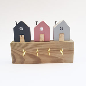 Key Holder for Wall with Grey and Pink Wooden Houses