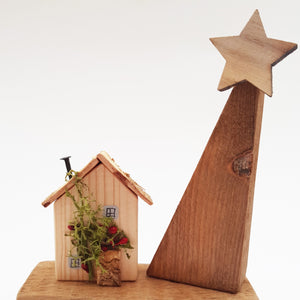 Tiny Wooden House with Tree Christmas Ornaments
