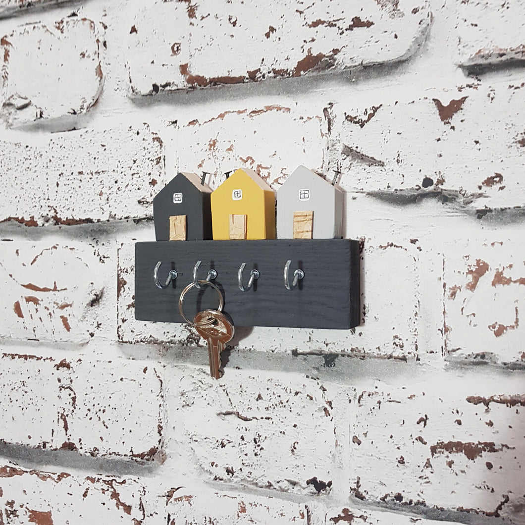 Key Holder with Grey and Yellow Wooden Houses Key Holder for Wall Key Hook Key Rack Wall Key Holder Home Wooden Key Holder Grey Home Decor