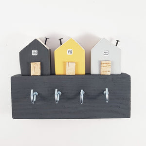 Key Holder with Grey and Yellow Wooden Houses Key Holder for Wall Key Hook Key Rack Wall Key Holder Home Wooden Key Holder Grey Home Decor