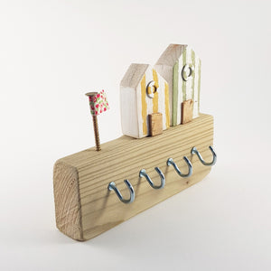 Key Holder Wood with Tiny Beach Huts Wooden Nautical Decor - Painted in a colour of your choice