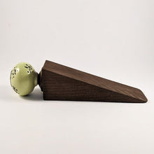 Load image into Gallery viewer, Wooden Door Stop finshed with a Rustic Green Ceramic Knob Gifts for Home Wood Decor