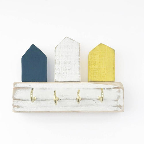 Key Holder for Wall Wooden with Wooden Houses - Painted in a colour of your choice